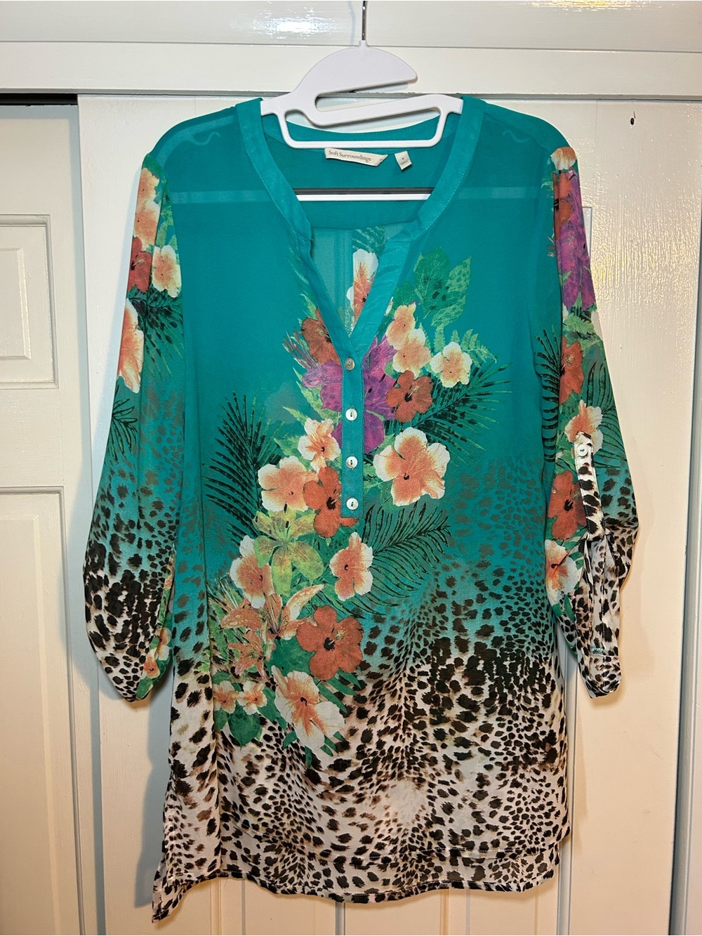Soft Surroundings Teal Floral & Leopard-Print Tunic